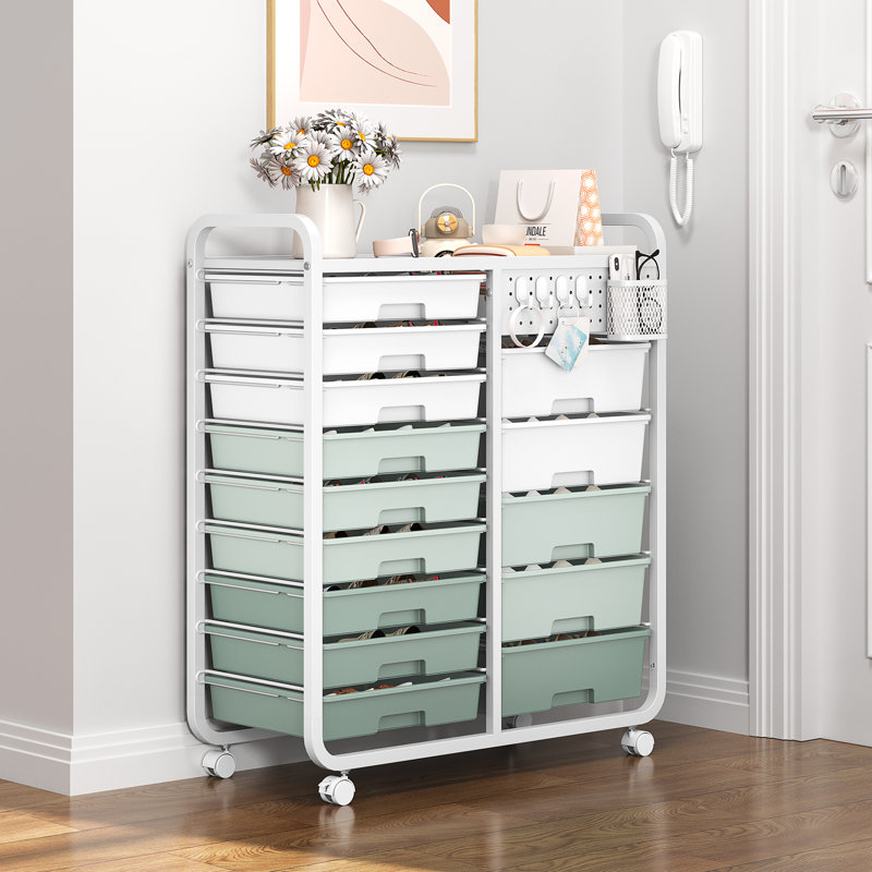 Metal Organizers Utility Cart,Rolling Cart with Wheels，Rolling Storage Cart with 14 Large Drawers, Utility Cart with Tabletop & DIY Pegboard
