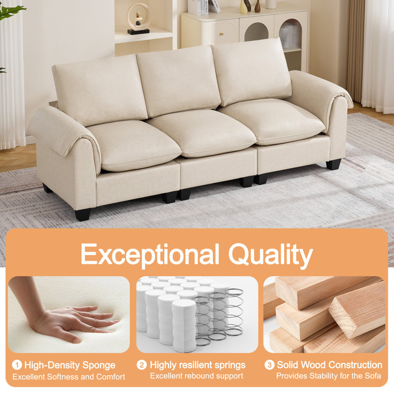 Faux Leather Modular Sectional Sofa, 2, 3 & 4-Seater , 37" H x 96.1" W x 32.3" D, Beige