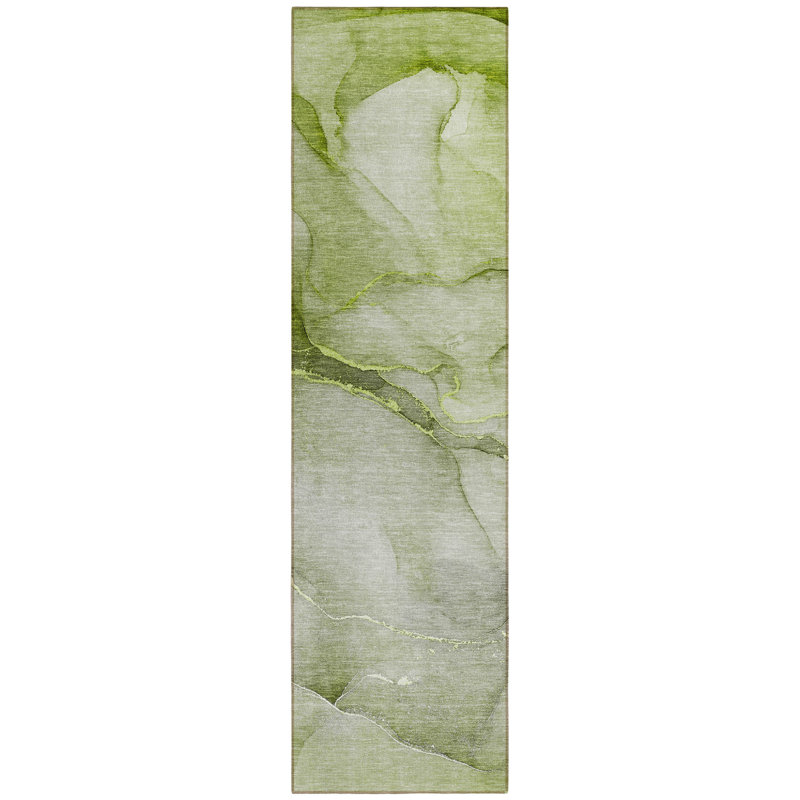 8' Runner Olive Green Abstract Washable Non Skid Indoor Outdoor Runner Rug