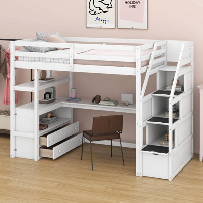 Loft Bed With Storage Staircase And Desk, Wood Loft Bed Frame With Shelves And 2 Built-In Drawers