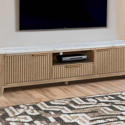 Modern Luxury Fluted Wood TV Stand With Faux Marble Top And Brass Accents For Elegant Home Entertainment