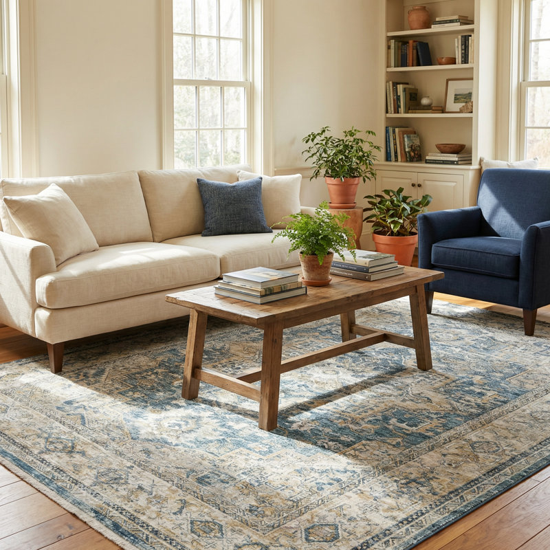 Antique Loom Blue/Beige Polyester powerloom Area Rug, Rectangle 8' x 10'