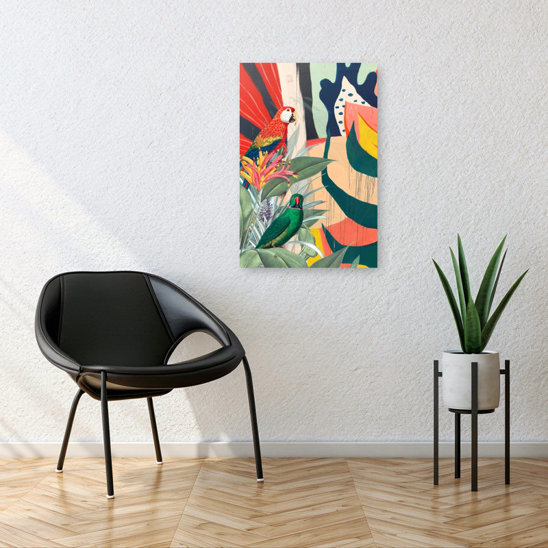 Vibrant, perroquets tropicaux abstraits, coloré, oiseau moderne, nature, impression murale, 36" H x 24" W