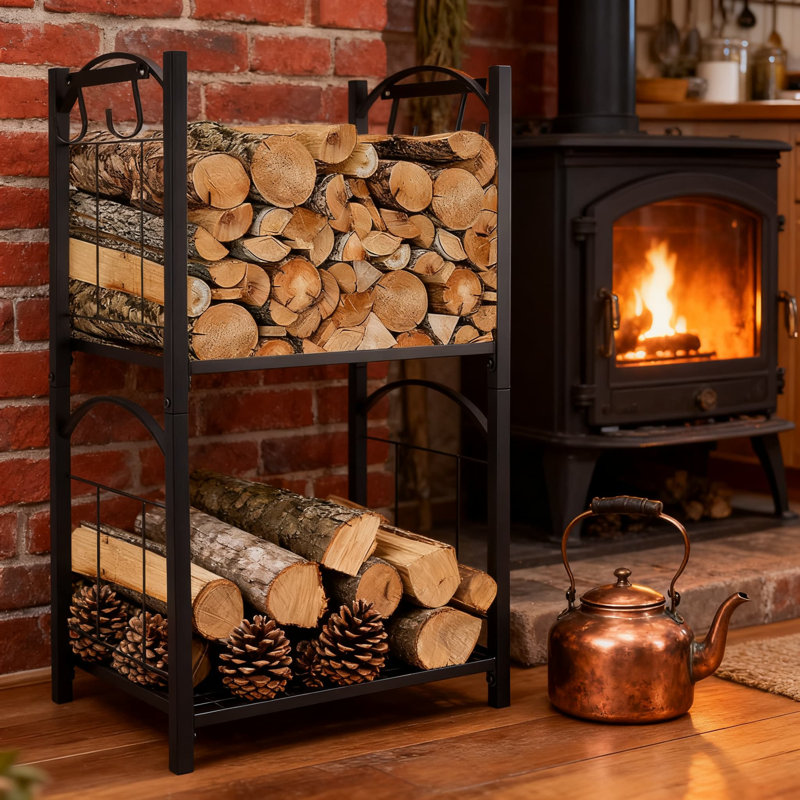 Support robuste en bois de chauffage à 2 niveaux avec crochets, support à bûches réglable en métal d'une capacité de 500 lb pour le foyer intérieur et le rangement de la terrasse extérieure