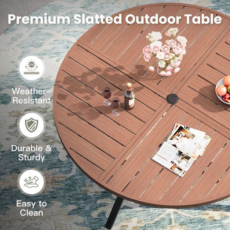 6-Person Round Patio Dining Set With Stackable Chairs, Brush Wood Brown/Black