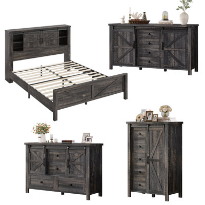  4-piece Farmhouse & Barn Door Design Bedroom Set, Queen Size, Dark Oak