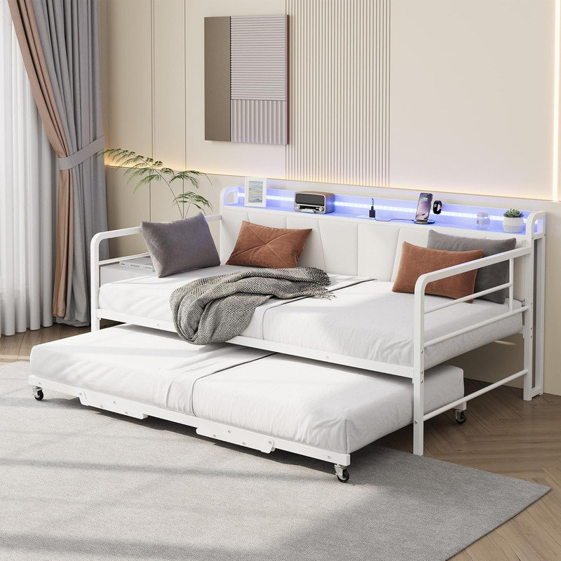 Daybed with Trundle & LED Lights, Metal Frame Linen Headboard & Charging Station, White