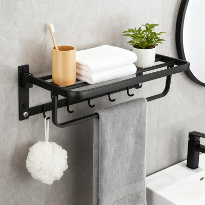 Foldable Wall Mounted Towel Rack With 5 Hooks, Space Saving Stainless Steel Bathroom Storage Organizer With Shelf And Towel Bar
