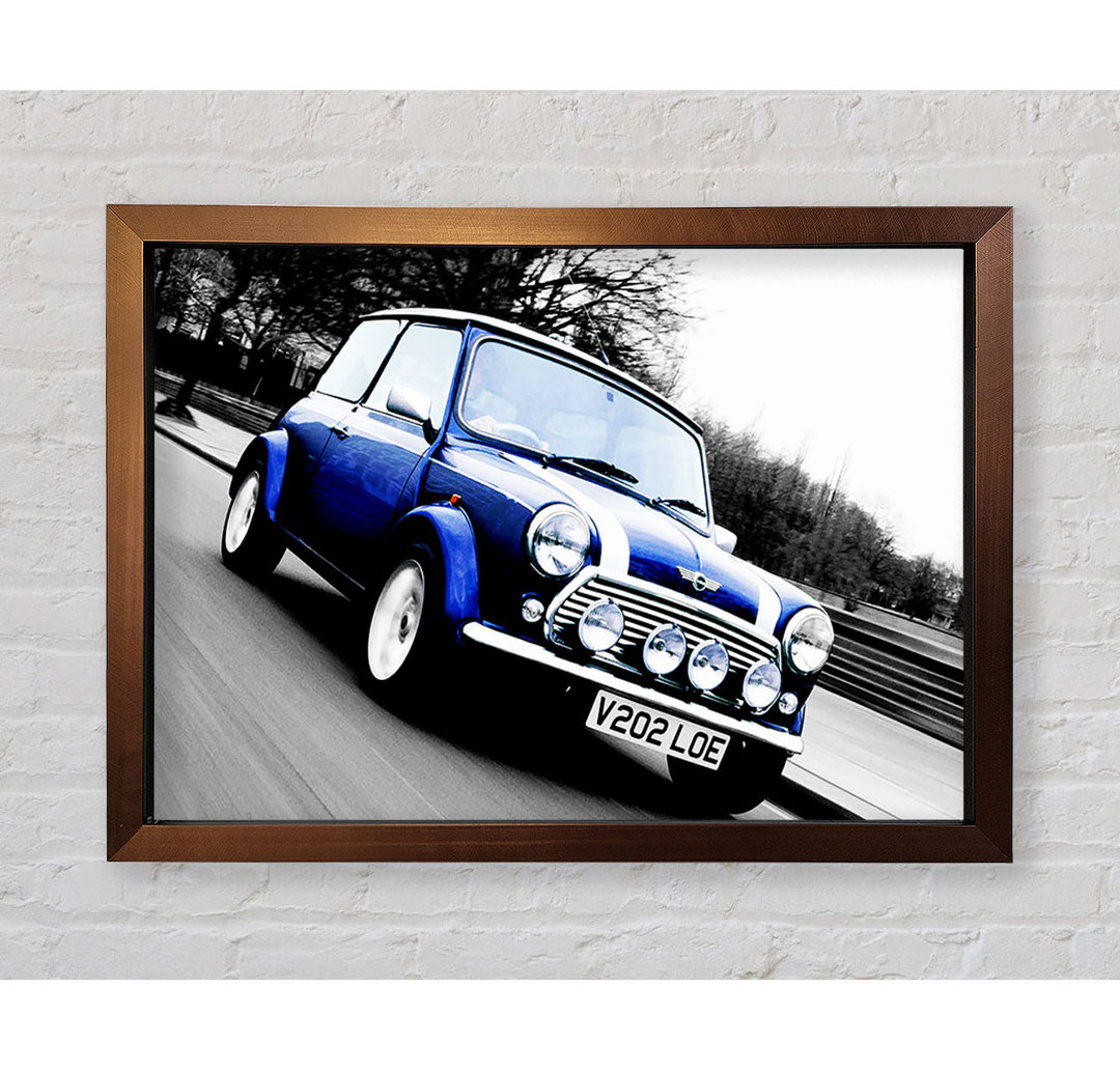 Mini Cooper Retro Blau Gerahmter Druck