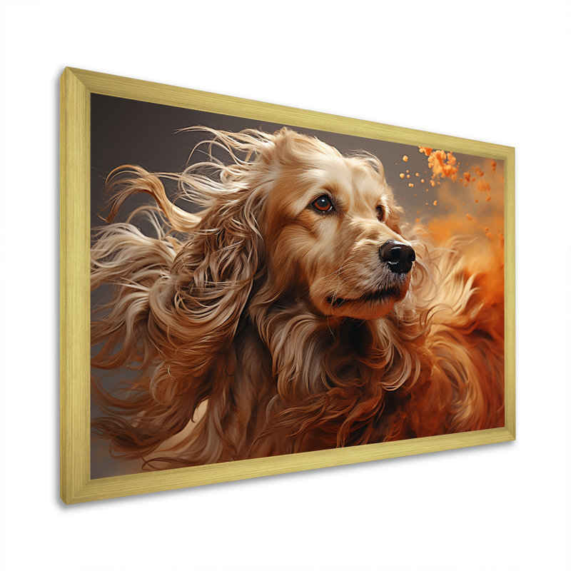 Chien, chien afghan, air sur toile, Cadre doré simple, H 24 po x l 32 po x P 1 po