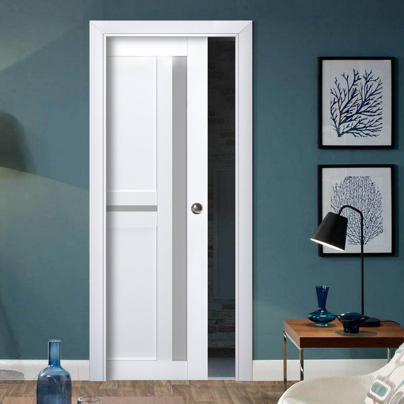 Porte coulissante à galandage avec vitrage dépoli Veregio 7288 Blanc Soie, ensemble de garnitures, rail et quincaillerie, bois massif, pour chambre à coucher, portes robustes - 61 cm x 213 cm