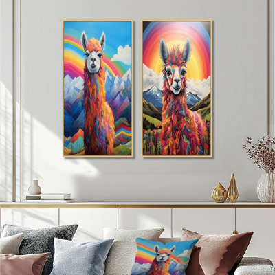 Alpaga au Chili, paysage d'arc-en-ciel de montagne I - ensemble d'art mural animal lama 2 pièces