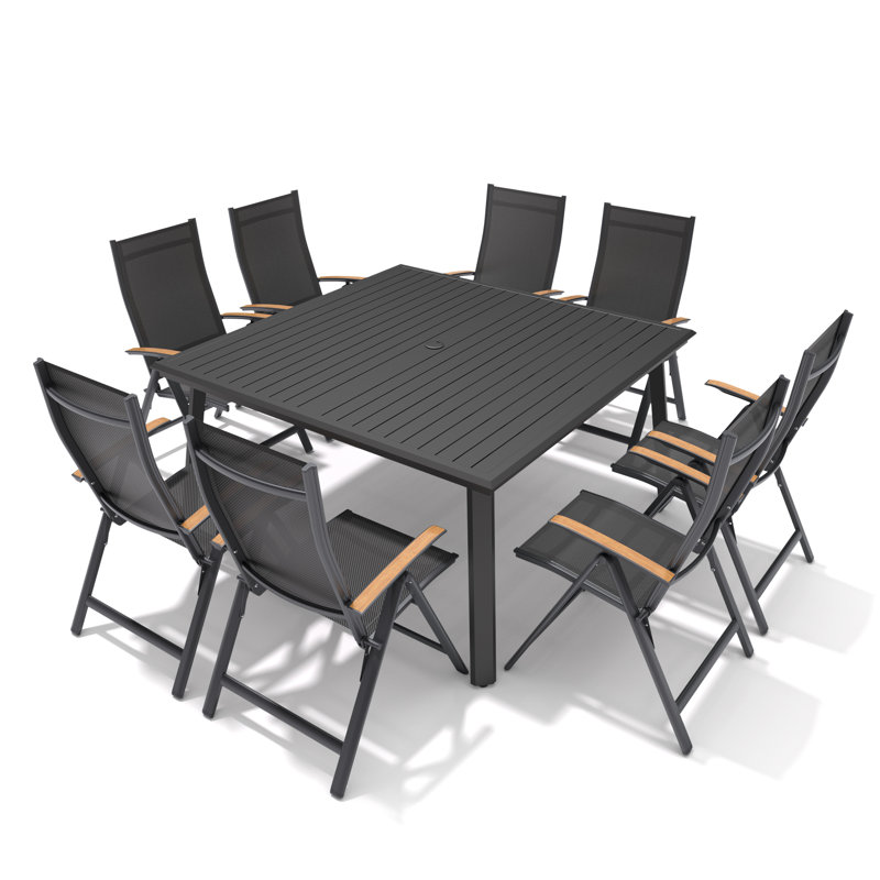 Ensemble repas pour 8 personnes en aluminium avec fauteuils inclinables et pliables
