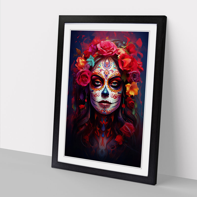 Sugar Skull Modern - Single Picture Frame Print on Wood, 34" H x 25" W x 2" D, Black