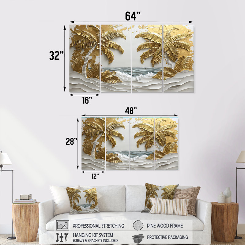 Palme dorée crème sur chaque I - Art mural crème - ensemble d'art mural traditionnel, H 32 po x l 64 po, 4