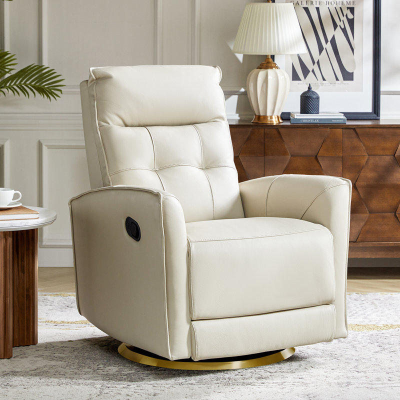 Ocia Genuine Leather Swivel Rocker Manual Recliner, Beige