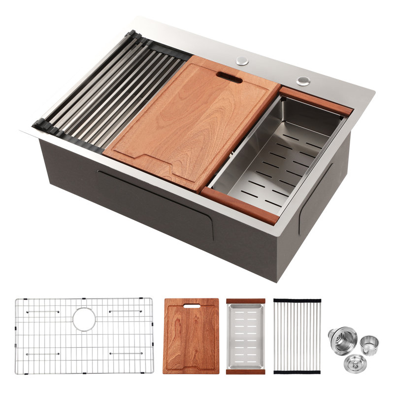 33" Drop In Kitchen Sink - 33 X 22 X 10 Inch Kitchen Sink Drop-In Topmount Single Bowl 16 Gauge Stainless Steel Ledge Workstation Kitchen Sinks