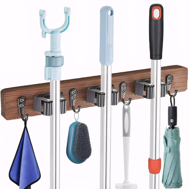 Broom and Mop Organizer Wall Hanging, Brown