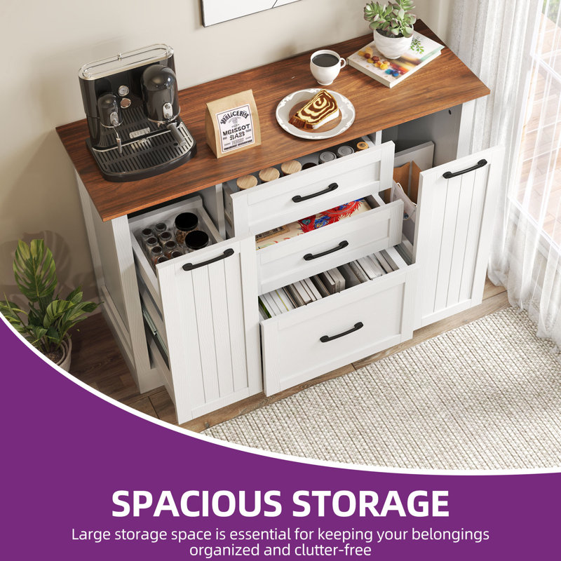 47" White and Brown Farmhouse Sideboard Buffet Cabinet with Storage