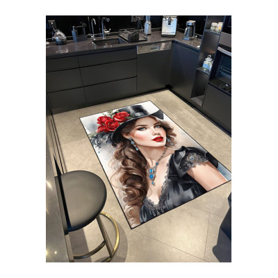 Girl With Hat and Flowers Patterned Woven Base Rug