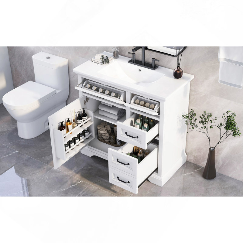 Meuble-lavabo 36 po avec lavabo en céramique, 2 tiroirs basculants, charnières de porte à fermeture en douceur, blanc, Blanc