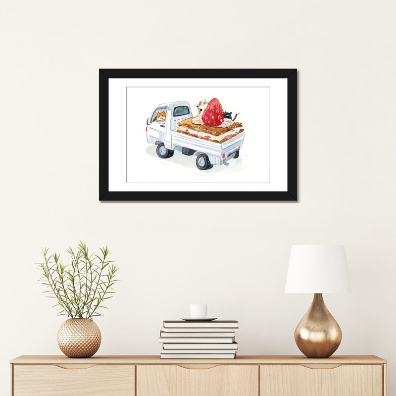 « kitty trucker », impression sur toile, H 16 po x l 24 po x P 1 po, Papier d'art encadré noir, Blanc