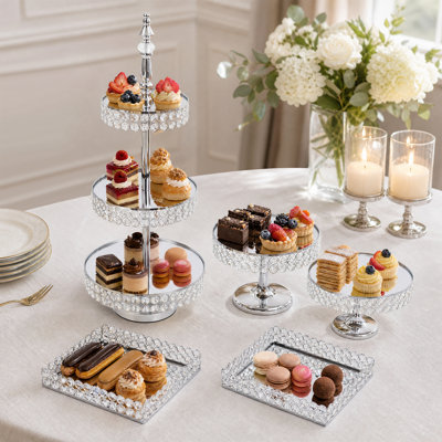 Présentoir à gâteaux 5 pièces - Fer, verre et acrylique avec finition galvanisée (argent)