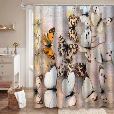 Vintage Butterflies Waterproof Shower Curtain with 12 Hooks