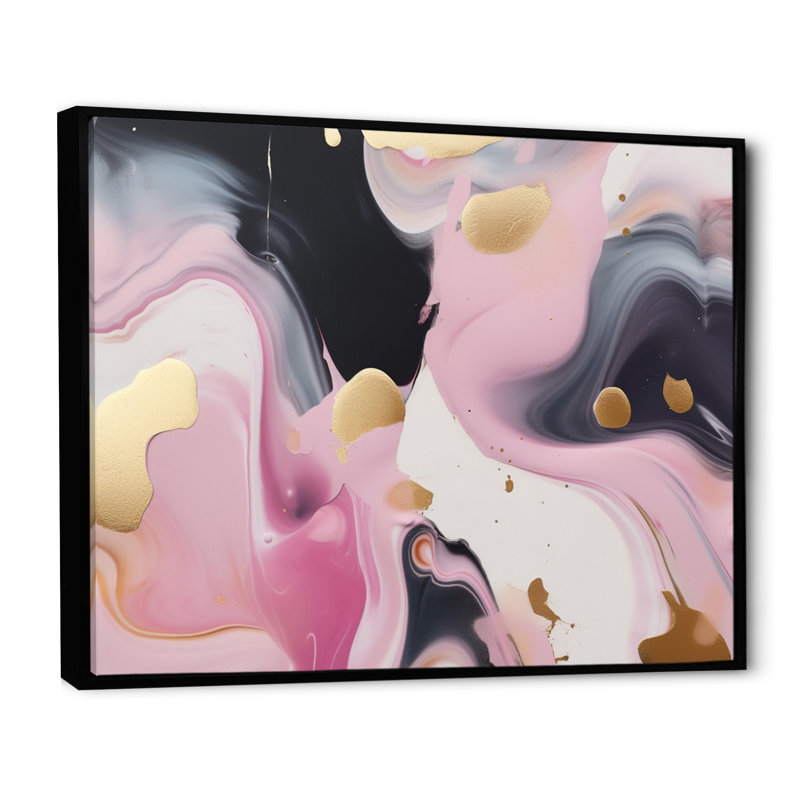 Or et rose tourbillon d'encre II - impression abstraite sur toile marbrée, H 12 po x l 20 po x P 1 po