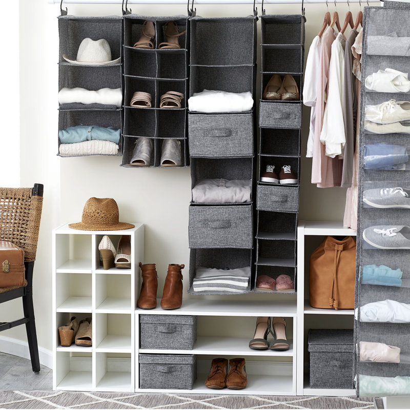 Organisateur de garde-robe à 3 tablettes avec crochets en lin poly et étagère PEVA gris, Graphite