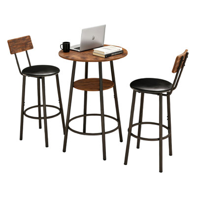 Round Bar Table And Chairs With 2 - Tier Storage, 3 Pieces, Pu Upholstered Stools, Ideal For Kitchen Dining Room, Rustic Brown, Easy To Clean, Quick Assembly Pieces Small 2, , Mid Century Modern