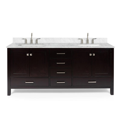 Meuble-lavabo double Flynt 73 po en bois massif bleu nuit, avec comptoir en marbre de Carrare de 0,75 po et lavabo rectangulaire centrale.