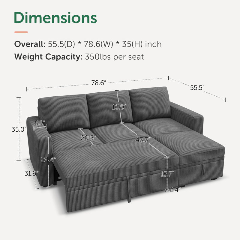 Anureet L-Shaped Sectional Modular Sofa Bed With Storage Seat, Gray Corduroy