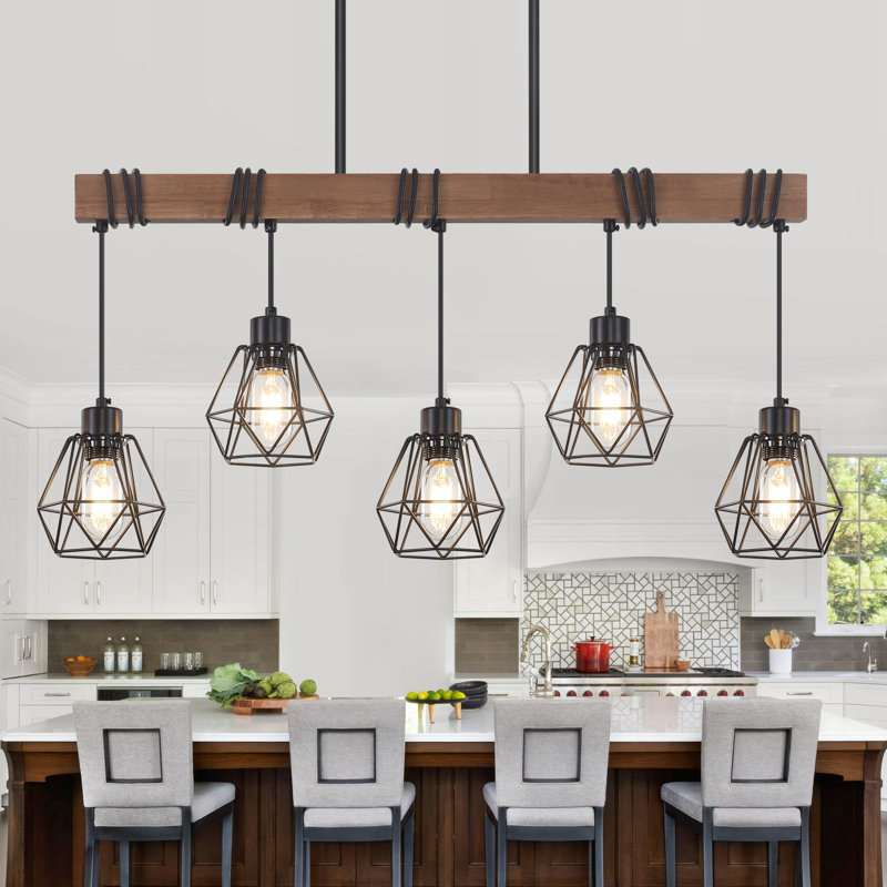 Yucheng 5 - Light Rustic Farmhouse Metal and Wood Kitchen Island Pendant, Dark Brown