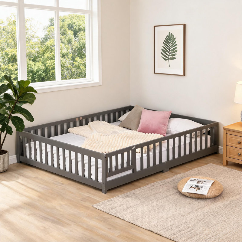 Lit plateforme en bois de pin massif, lit pour enfant pleine grandeur avec porte d'entrée, gris doux