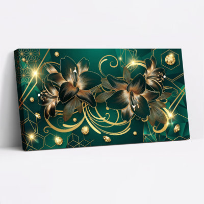 Gold Floral And Geometric Pattern Canvas Wrapped Wall Art Oil Painting Print Set Of 1