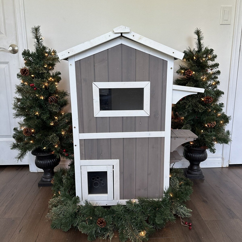 Maison pour chat extérieure en bois à 2 étages résistante aux intempéries avec plateformes de saut, plancher surélevé et toit en asphalte, gris