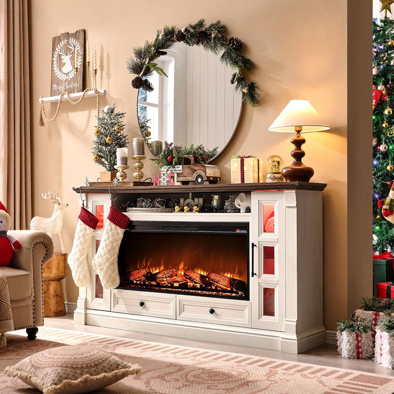 Farmhouse Tv Stand With Electric Fireplace, White/Brown