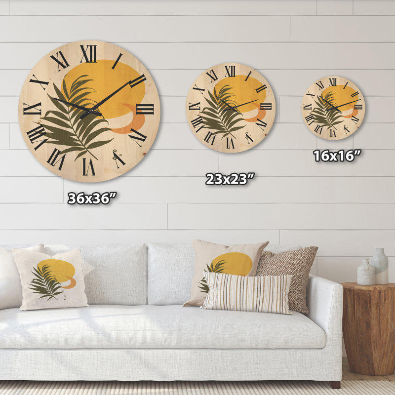 Horloge murale abstraite soleil et lune avec feuille tropicale I, Grand