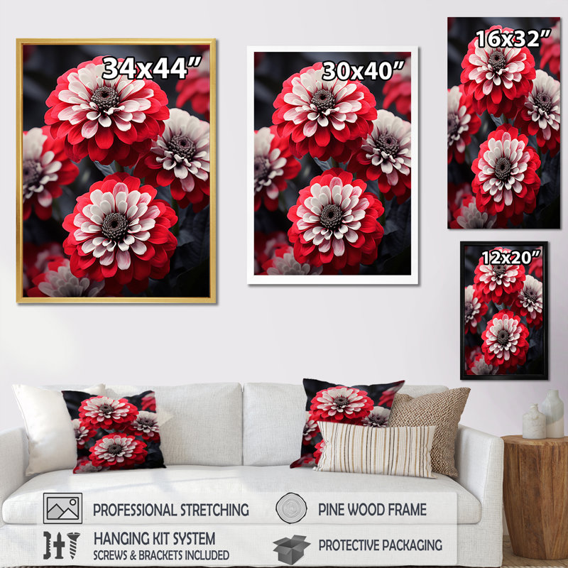 "Red Zinnias Zestful II", reproduction sur toile encadrée, Toile tendue, H 20 po x l 12 po x P 1 po