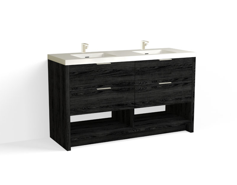 Vue 60" W Freestanding Double Bathroom Vanity, Glossy White/8" Widespread, Matte Black, White Nanomatte