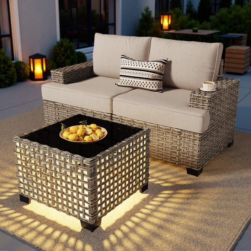 Modern Outdoor Wicker Patio Sofa Set With Solar-Lit Coffee Table, Modular Seating & Wide Armrests For Backyard, Patio Or Garden
