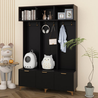 Arbre d'entrée de 49,6 po de largeur avec banc et rangement pour chaussures, armoire d'entrée avec portes cannelées ultrabrillantes et tablettes ouvertes, 6 crochets et pieds dorés