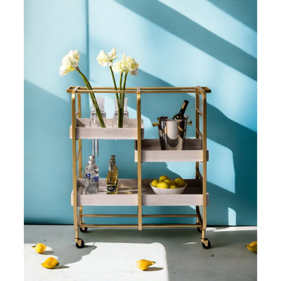 Gold & White Washed Finish Serving Cart With 3 Wooden Trays And Metal Base Removable Adjustable On by Mercer41