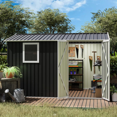Abri de jardin en métal 9 x 6 pi, structure en fer renforcée, résistant aux intempéries, grand espace pour vélos et outils, fenêtre laissant entrer suffisamment de lumière naturelle pour les articles ménagers.