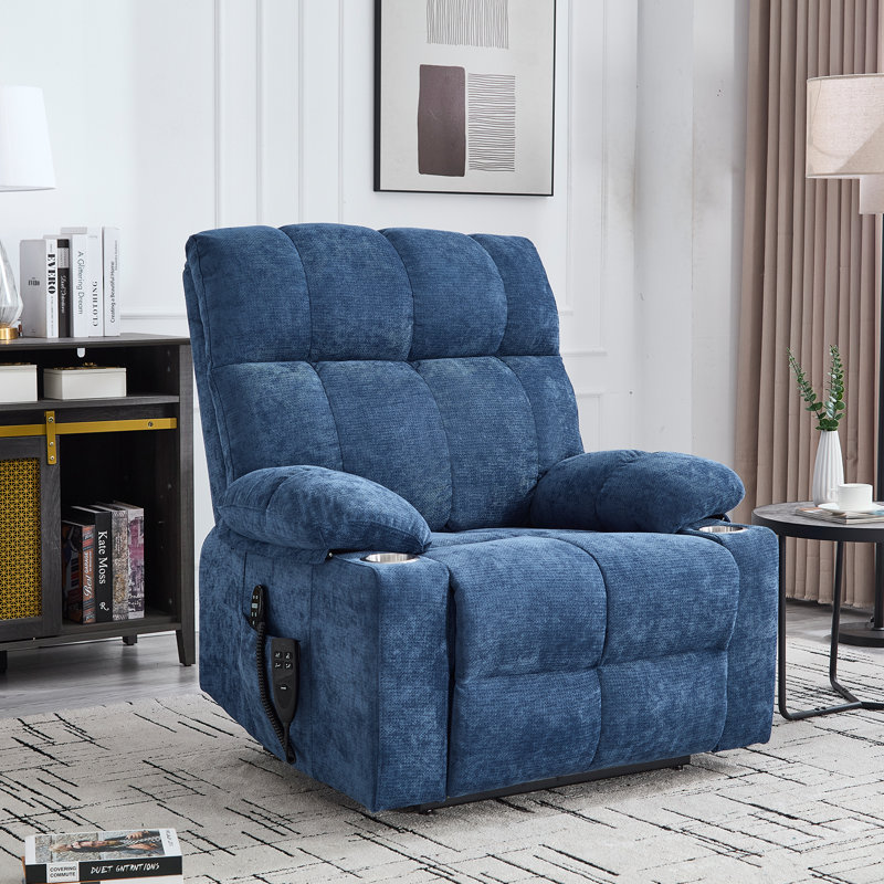 Aura 40" W Dual Motor Power Lift Recliner Oversize Chair With Massage Heating, Dual Cup Holders, Dual Side Pockets, Navy
