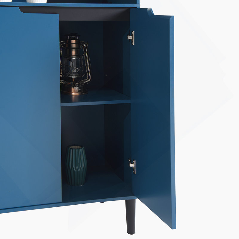  Grande armoire de rangement à 4 portes avec étagère réglable en verre trempé pour le salon, Bleu