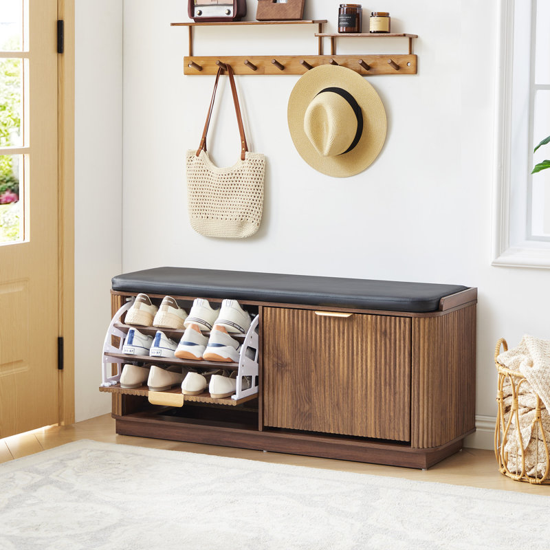 12 Pair Upholstered Shoe Storage Bench With 2 Flip Drawers, Walnut