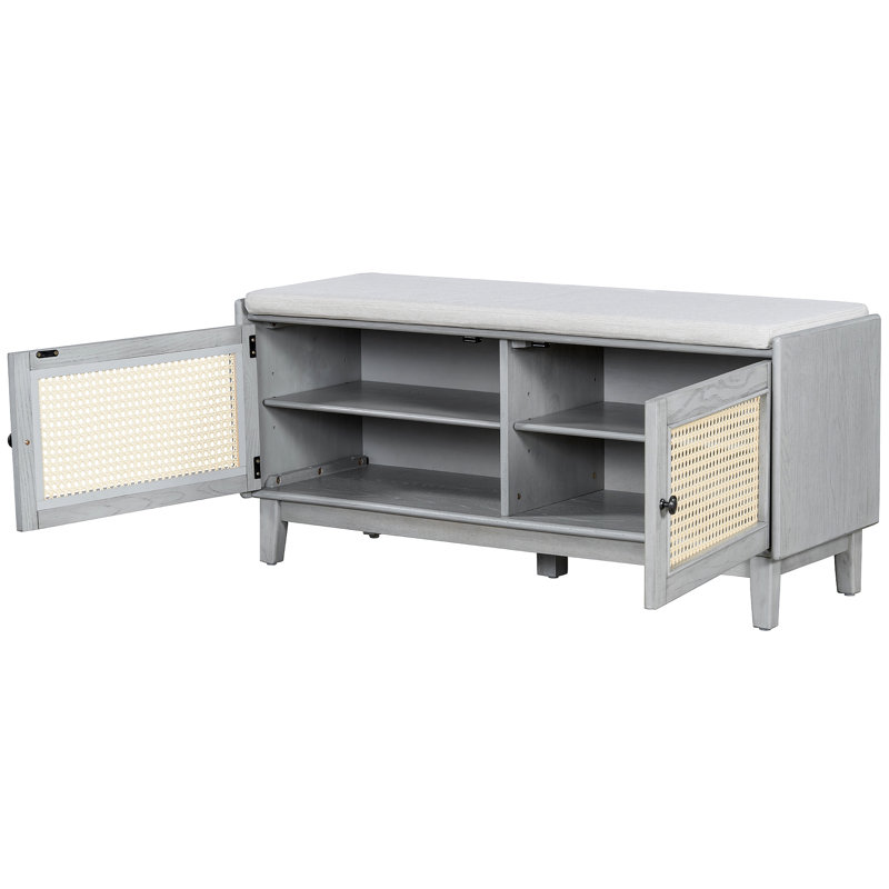 Rattan Entryway Bench With Storage, Cushioned Shoe Bench With Double Doors, Wooden Shoe Organizer Bench For Entryway And Hallway
