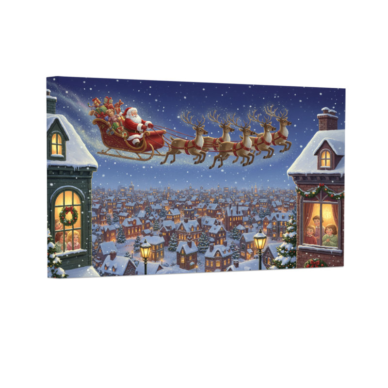 Père Noël de Noël survolant la ville enneigée la nuit